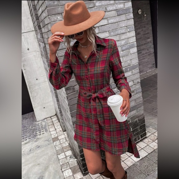 PLAID HIGH LOW HEM BUTTON UP BELTED SHIRT DRESS - Picture 2 of 3